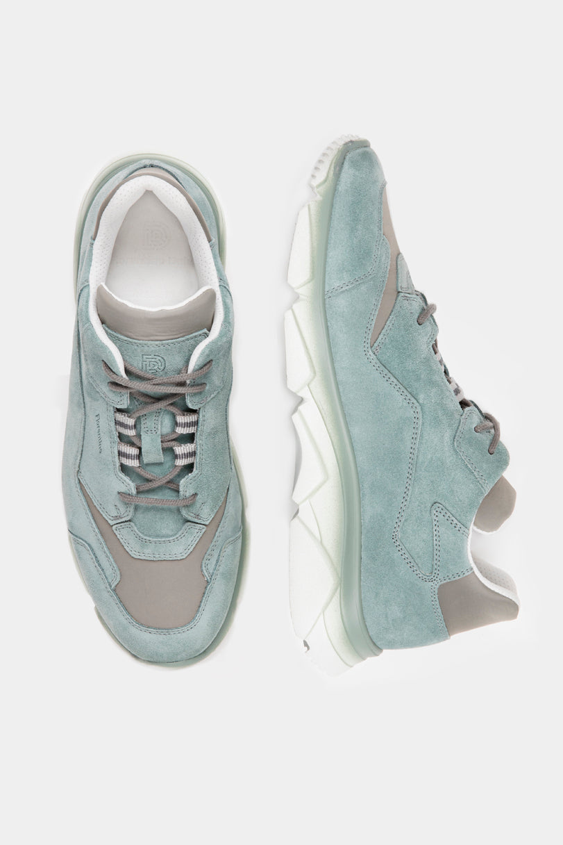 Sneakersi sport Florentinodelure, piele intoarsă verde, talpă cauciuc albă, detalii material textil.