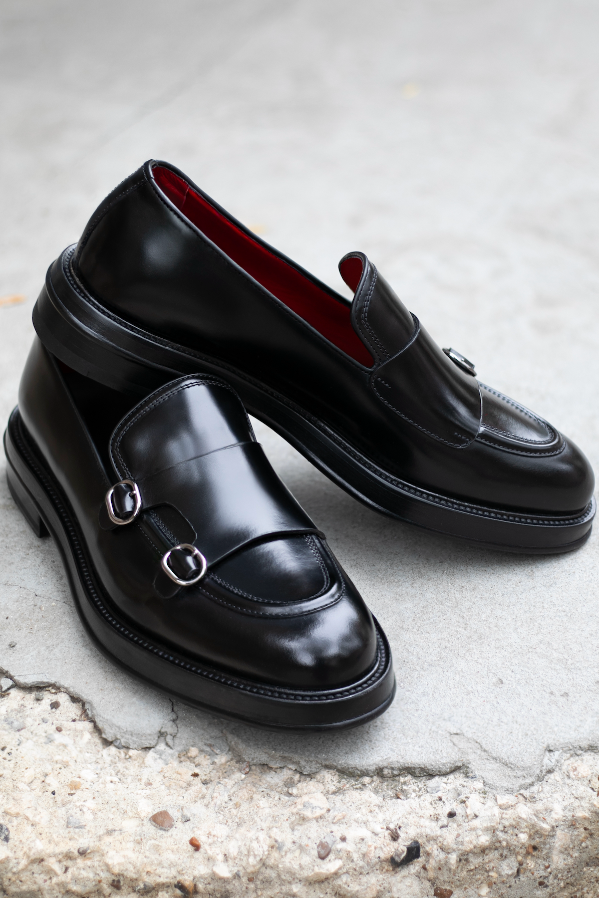 Black Calf Leather Double Monk Loafers