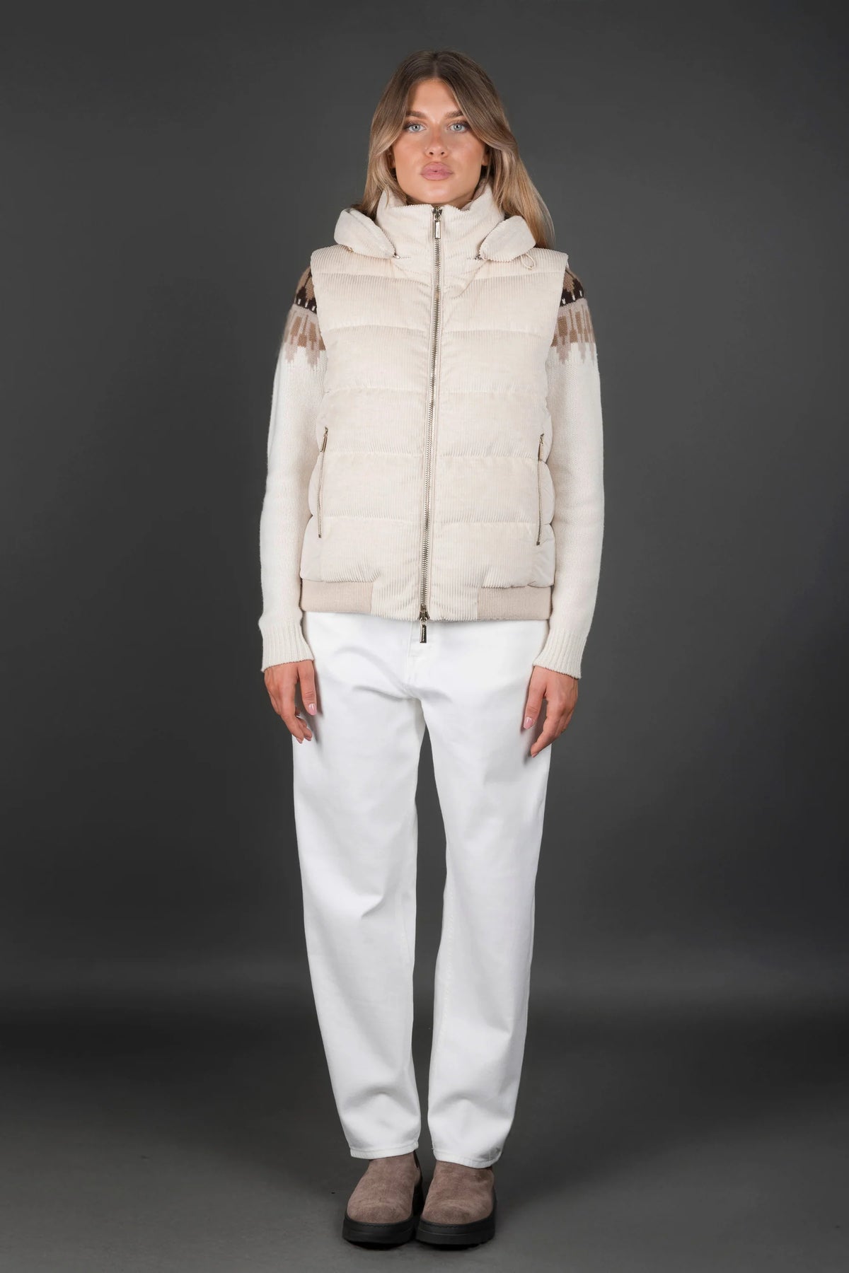 Women's Light Grey Corduroy Cotton Hooded Waistcoat