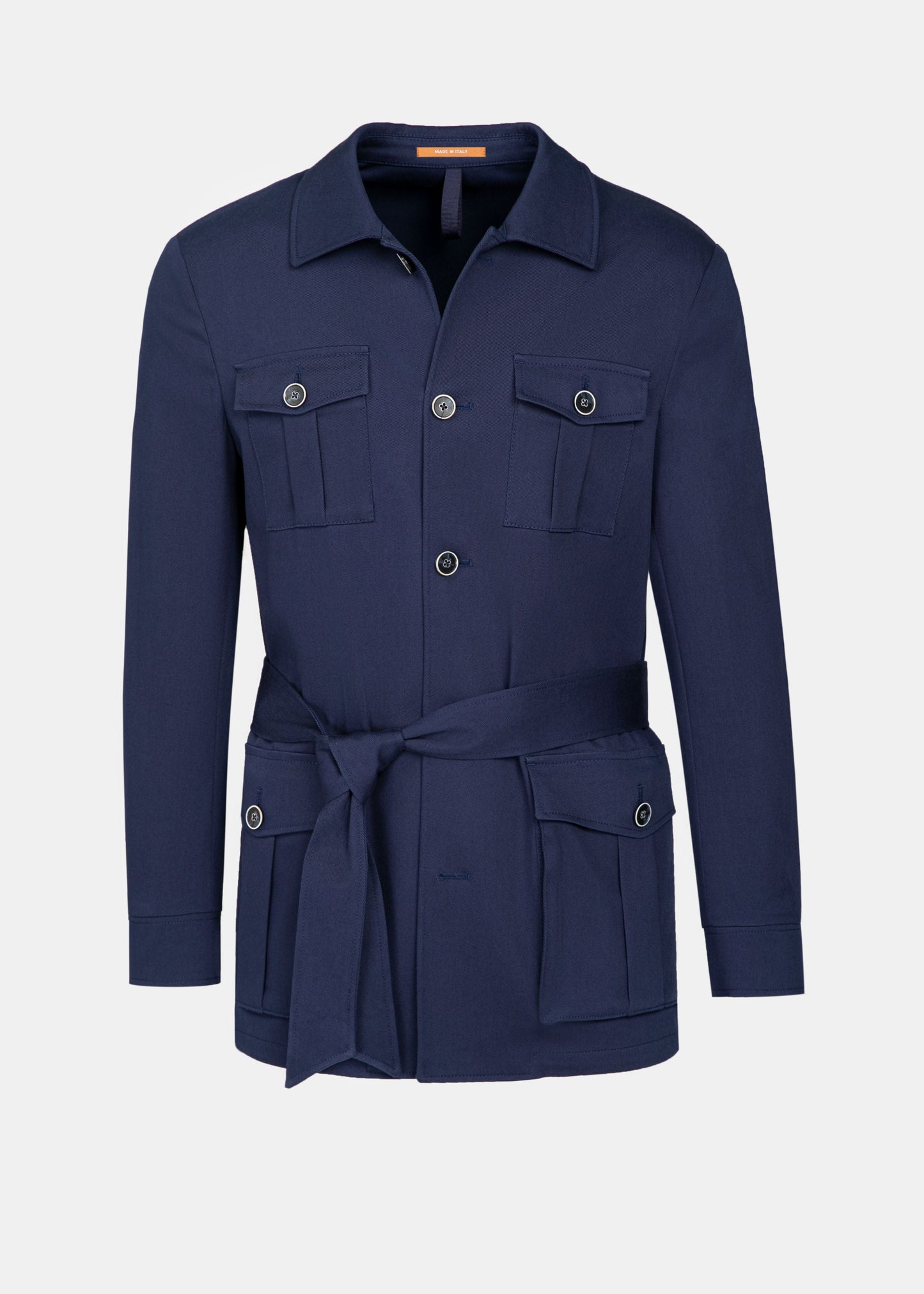 Jachetă safari navy Florentinodelure cu buzunare, nasturi metalici și curea ajustabilă.