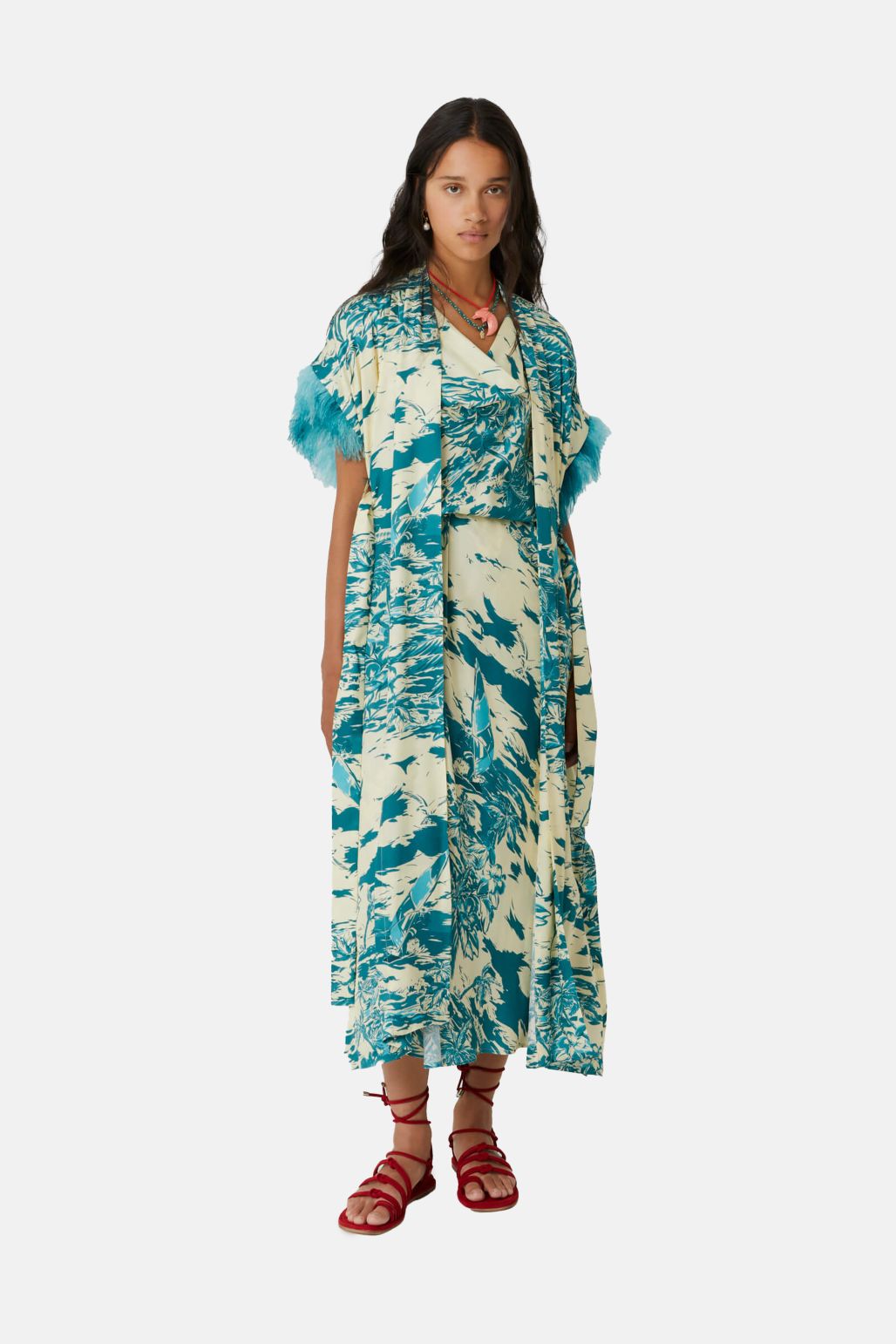 Blue Print Kimono Dress with detachable feathers