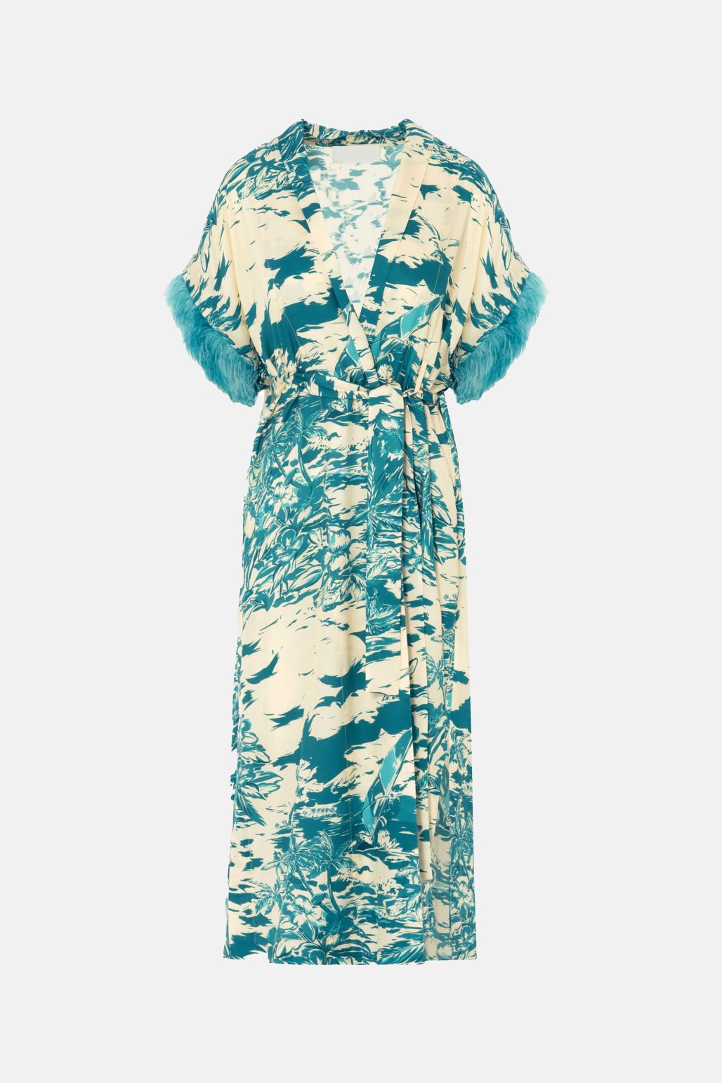 Blue Print Kimono Dress with detachable feathers