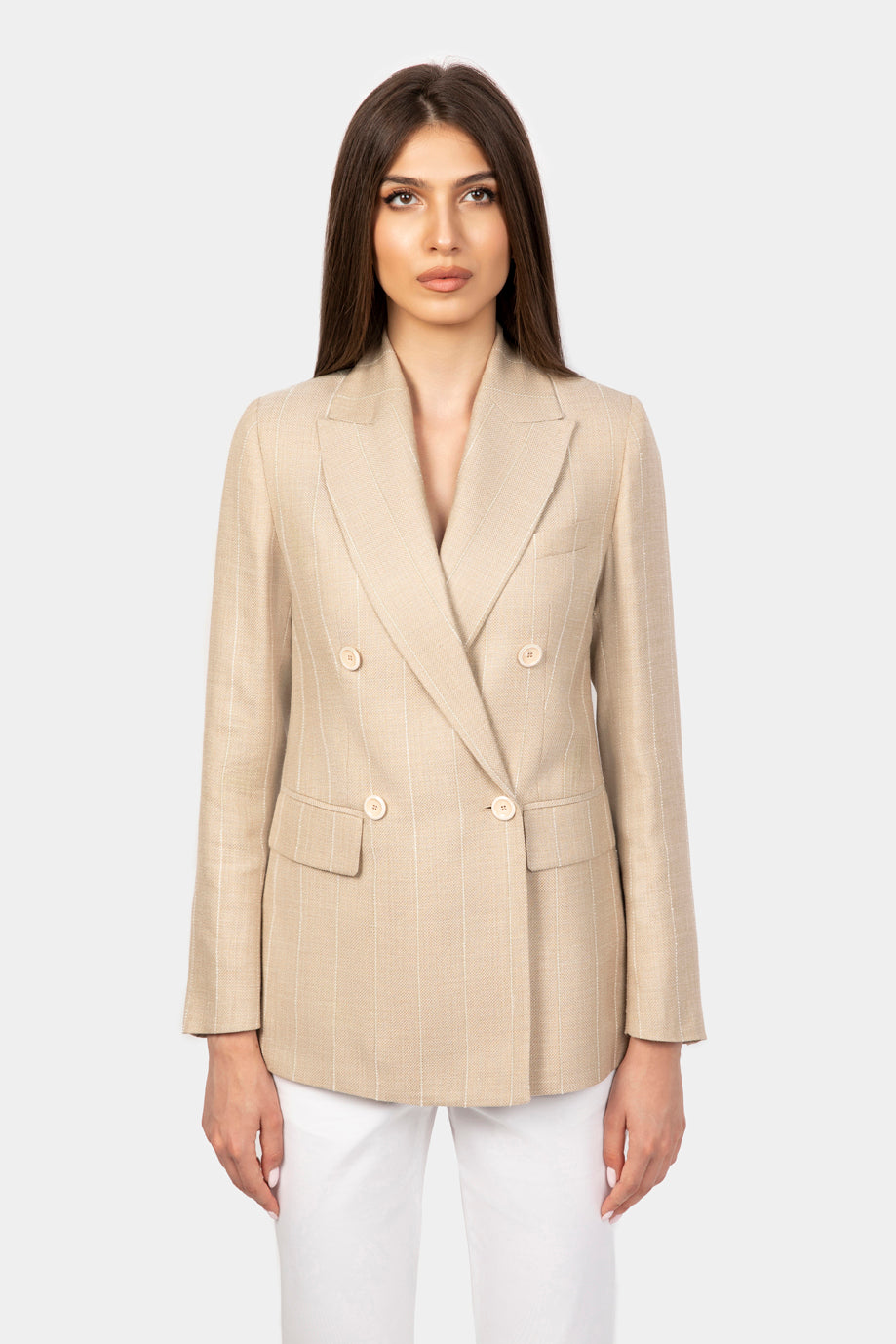 Sacou bej dungi Luna, Florentinodelure, dublu rânduri, buzunare cu clape, detalii elegante.