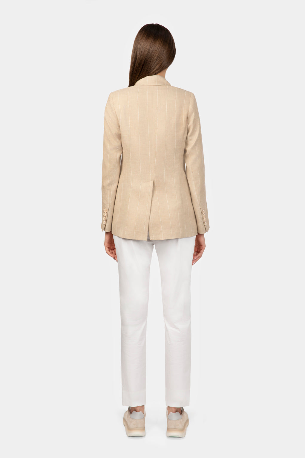 Sacou Florentinodelure Luna bej cu dungi, detaliu din spate, material texturat stylish.