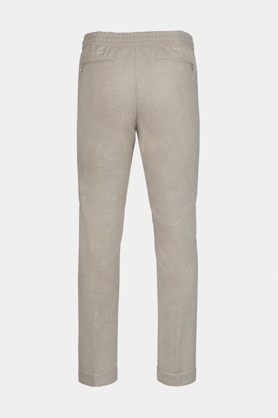 Pantaloni bej Houndstooth FLEXO Florentinodelure vedere din spate, cu buzunare cu fermoar și elastic în talie.