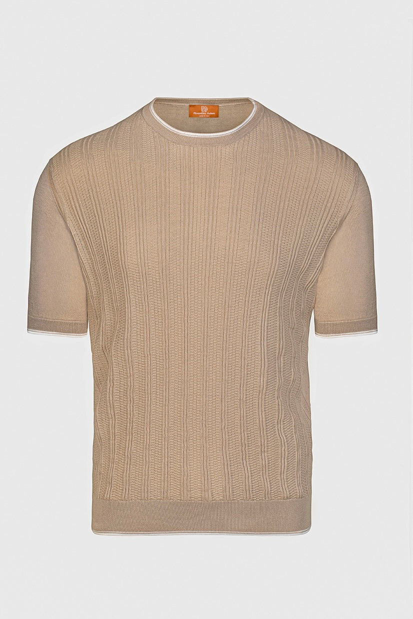 Beige crewneck Florentinodelure din bumbac-mătase cu design rafinat, textură sofisticată.