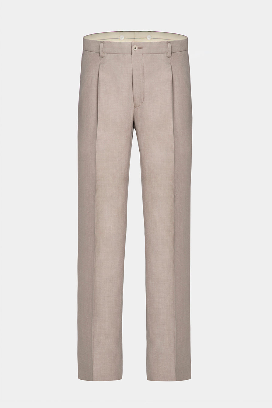 Pantaloni bej în carouri Florentinodelure, material fin, buzunare laterale, vedere frontală.