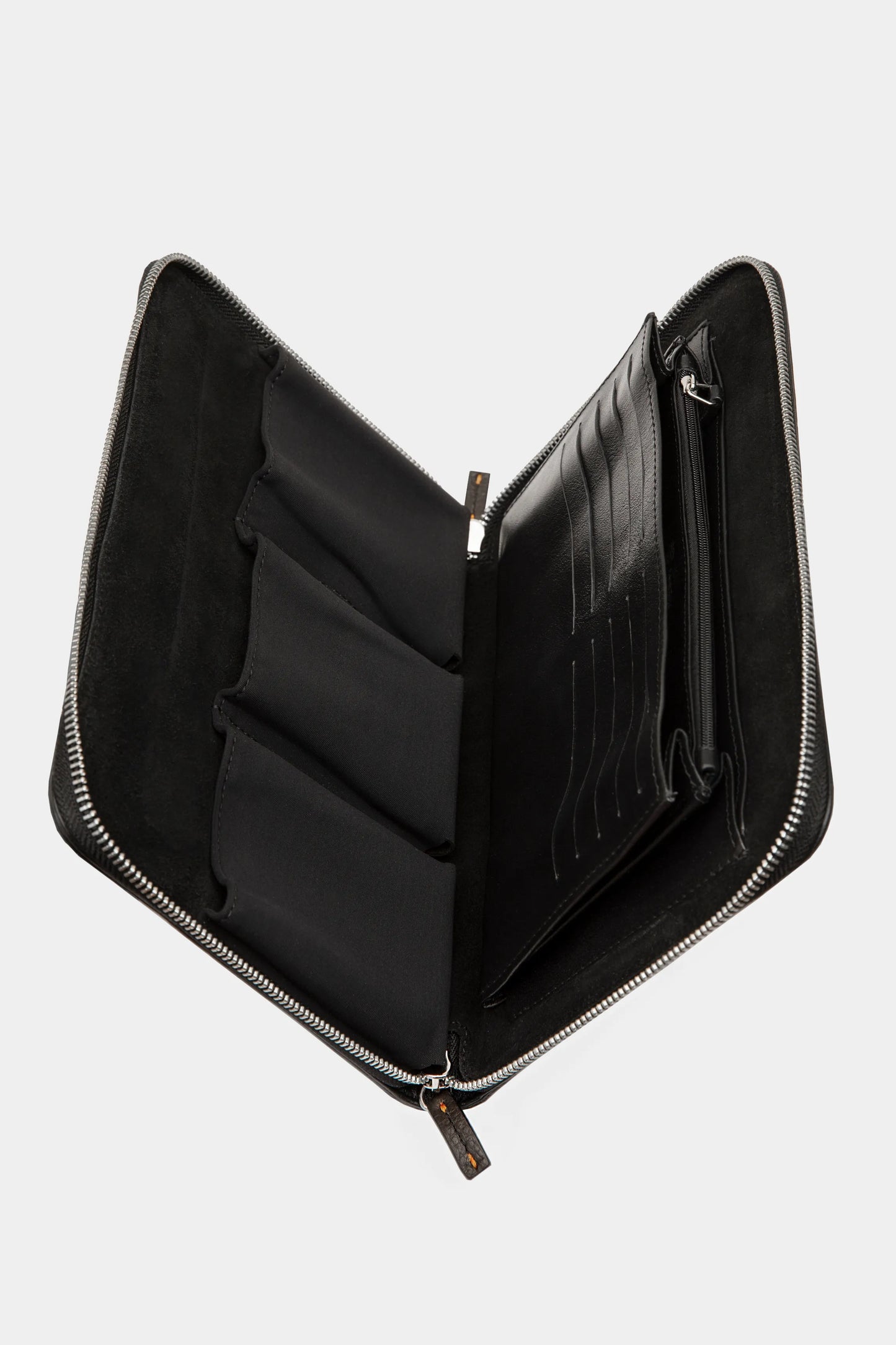 Portofel big zip Florentinodelure din piele neagra cu detalii metalice și compartimente multiple.