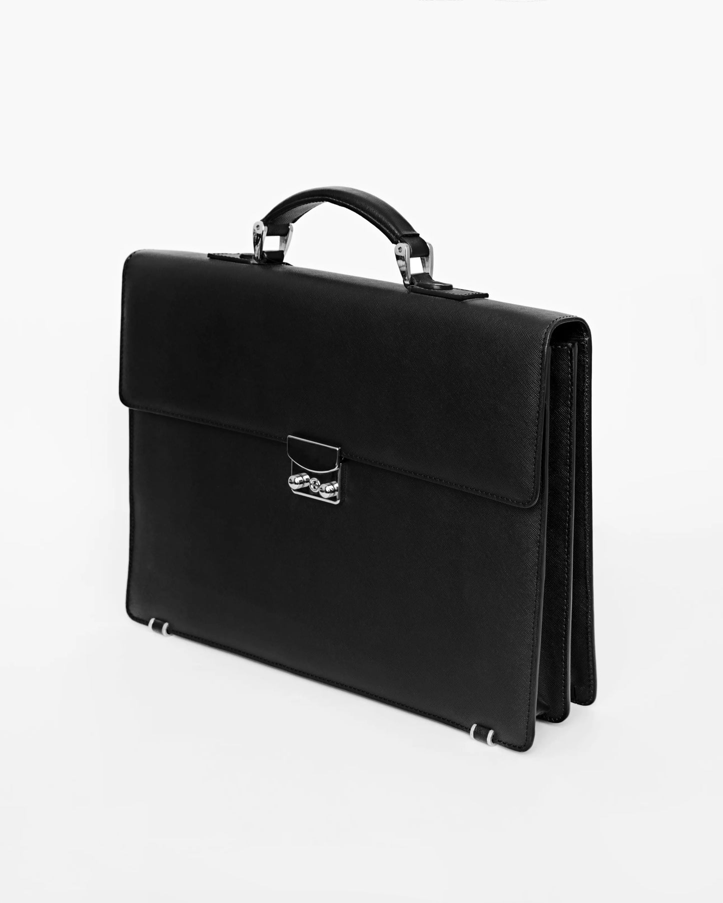 Geantă briefcase neagră din piele Florentinodelure, detaliu metalic argintiu.