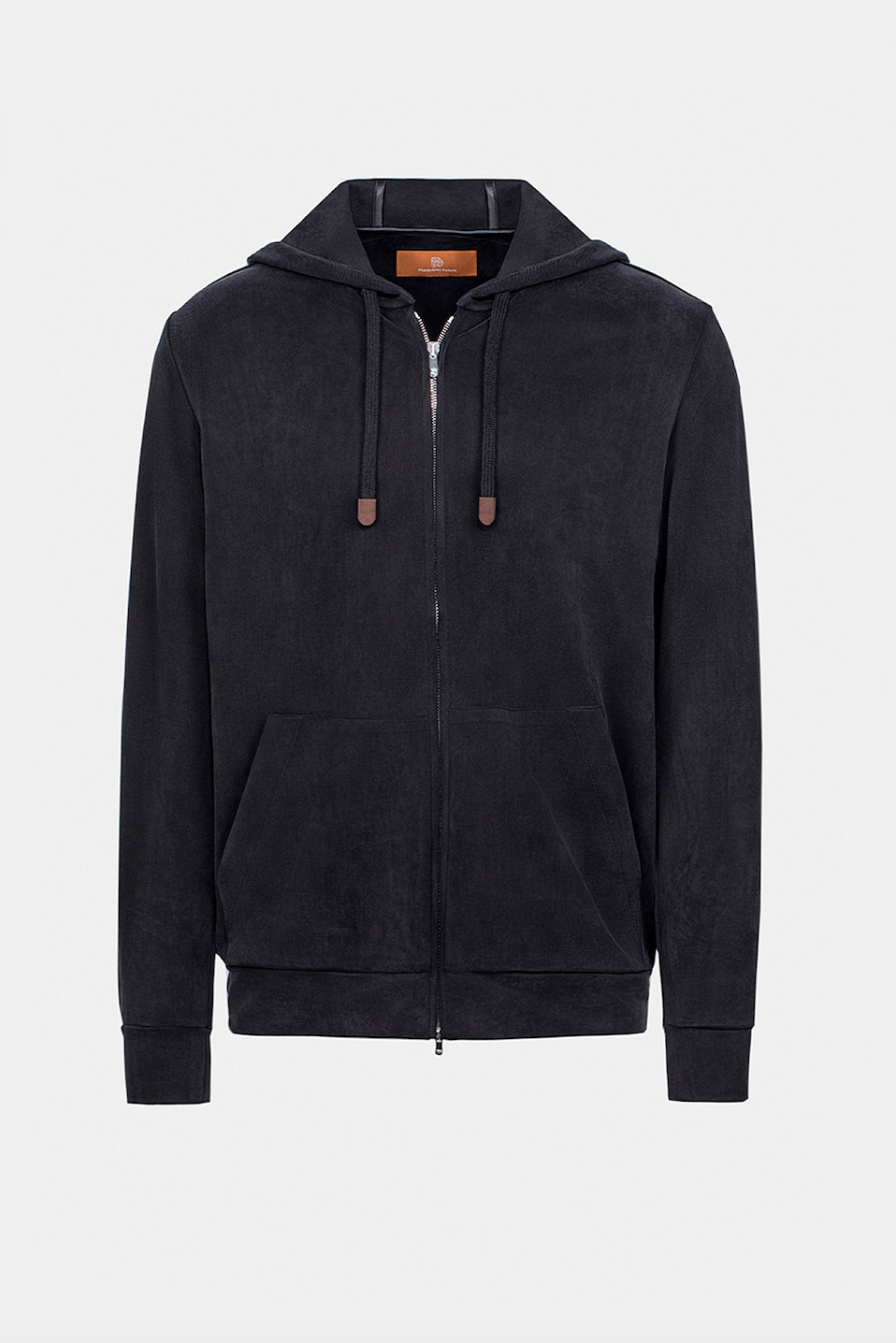 Hanorac loungewear negru Florentinodelure din amestec cupro-nylon-elastan, cu fermoar și glugă.