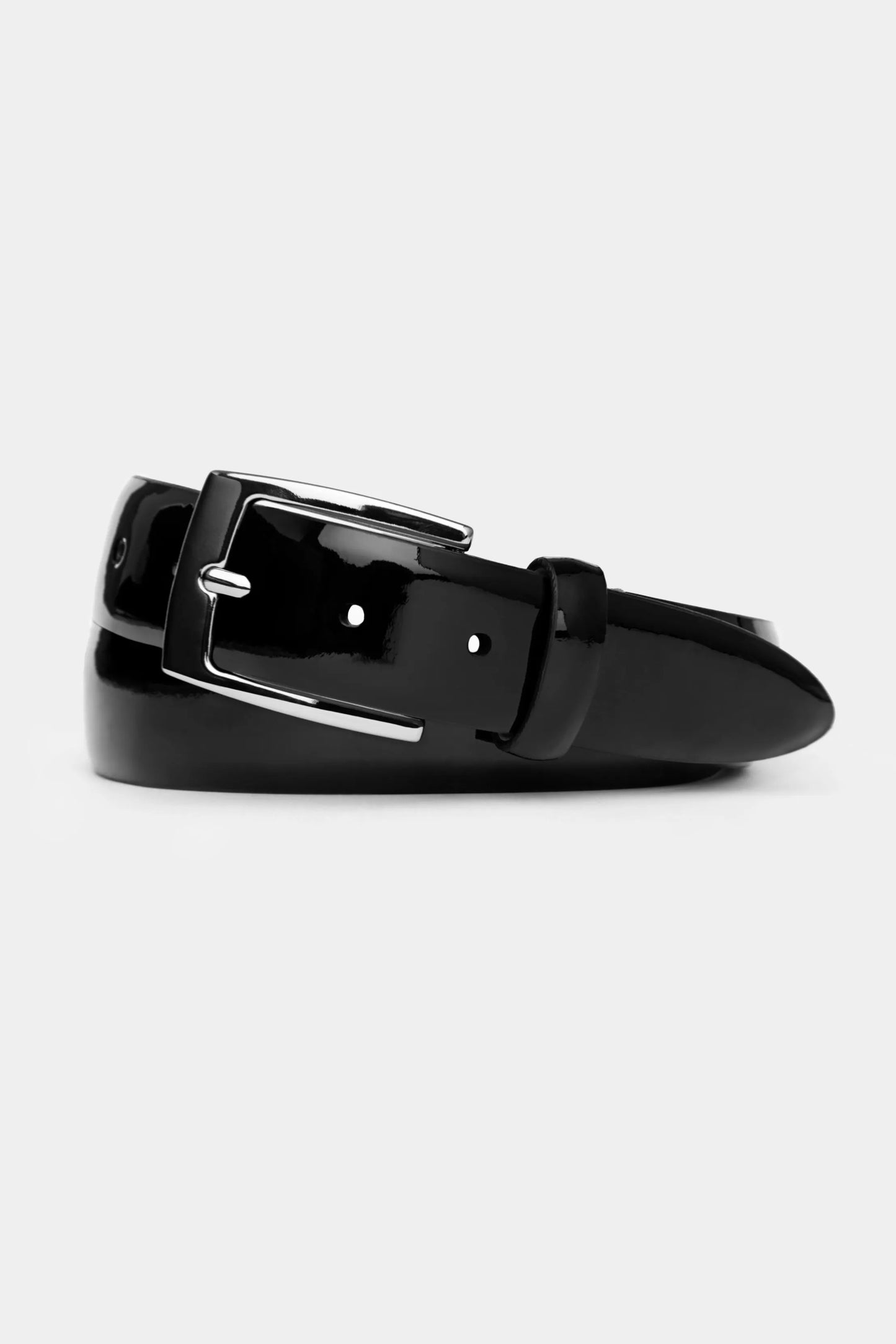 Florentinodelure Black Patent Tuxedo Belt, piele de vițel cu cataramă metalică lucioasă.