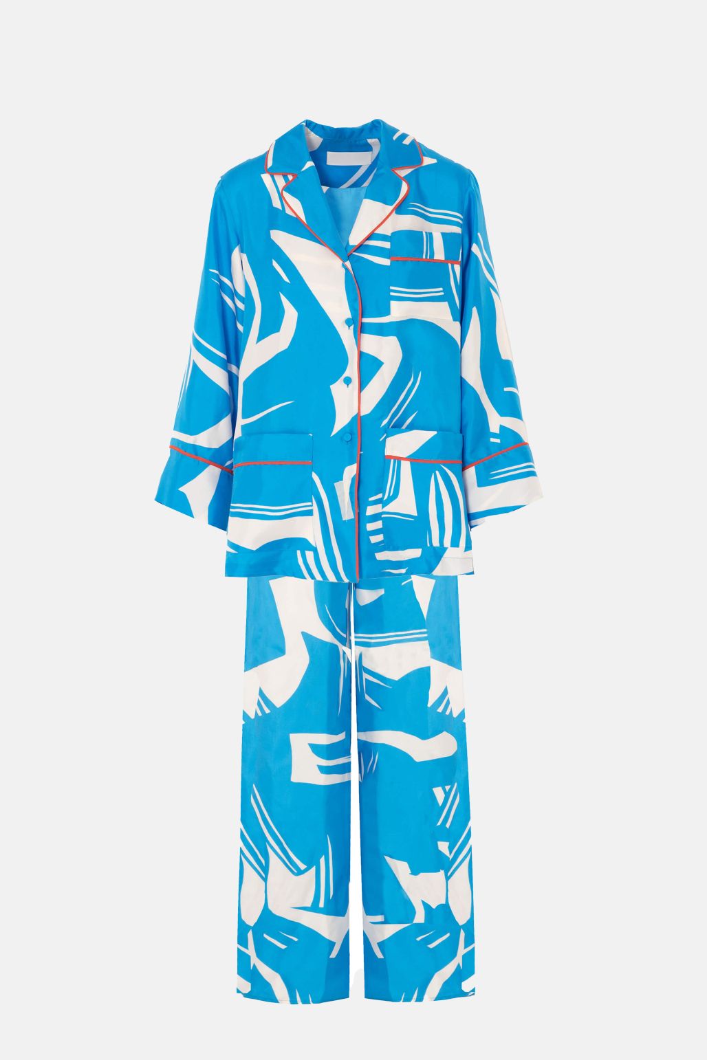 Set Loungewear Florentinodelure albastru cu imprimeu geometric alb și cusături contrastante.