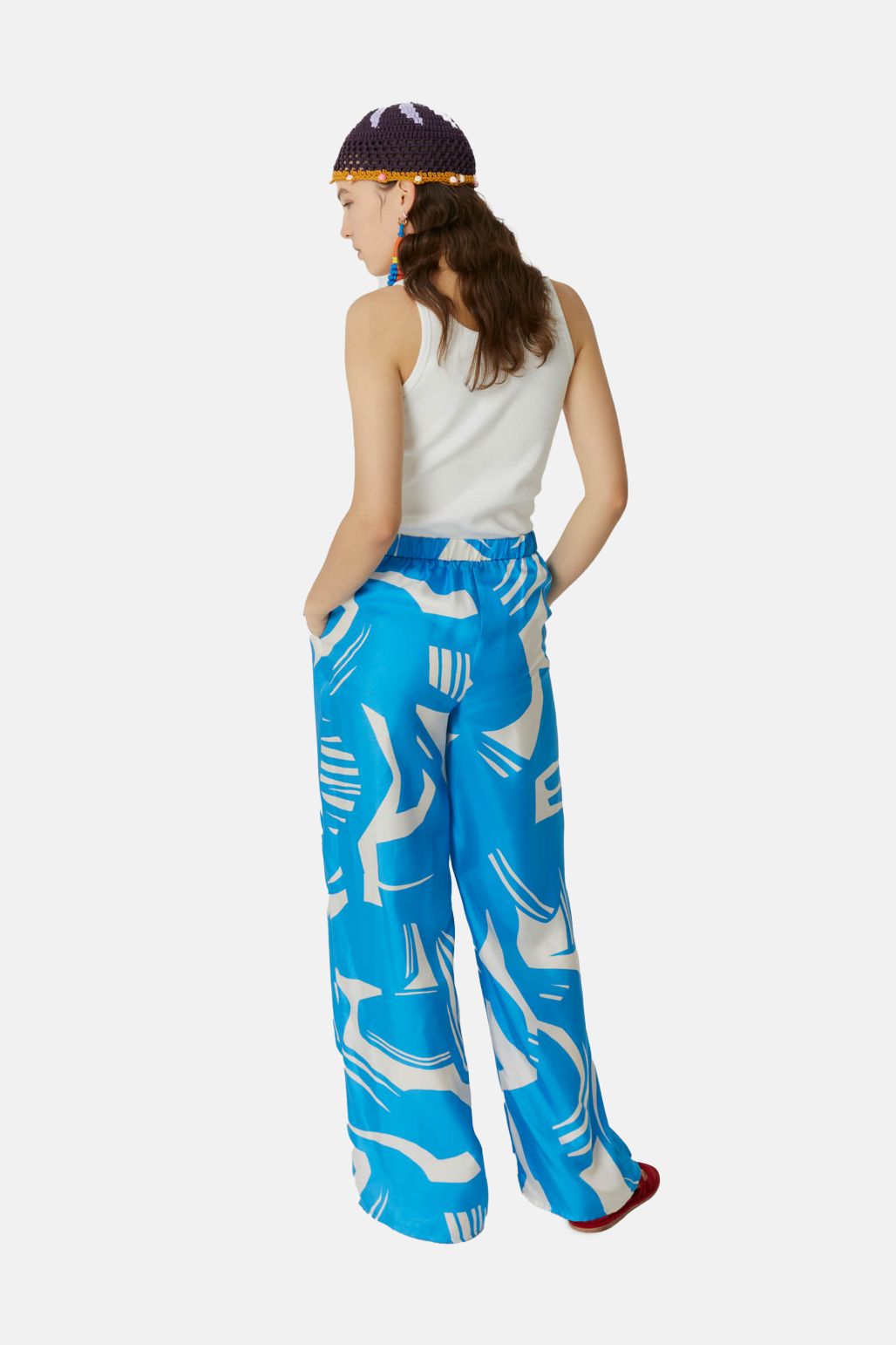 Set Costum Loungewear Albastru Florentinodelure, pantaloni imprimeu abstract, elastic talie, material fluid.