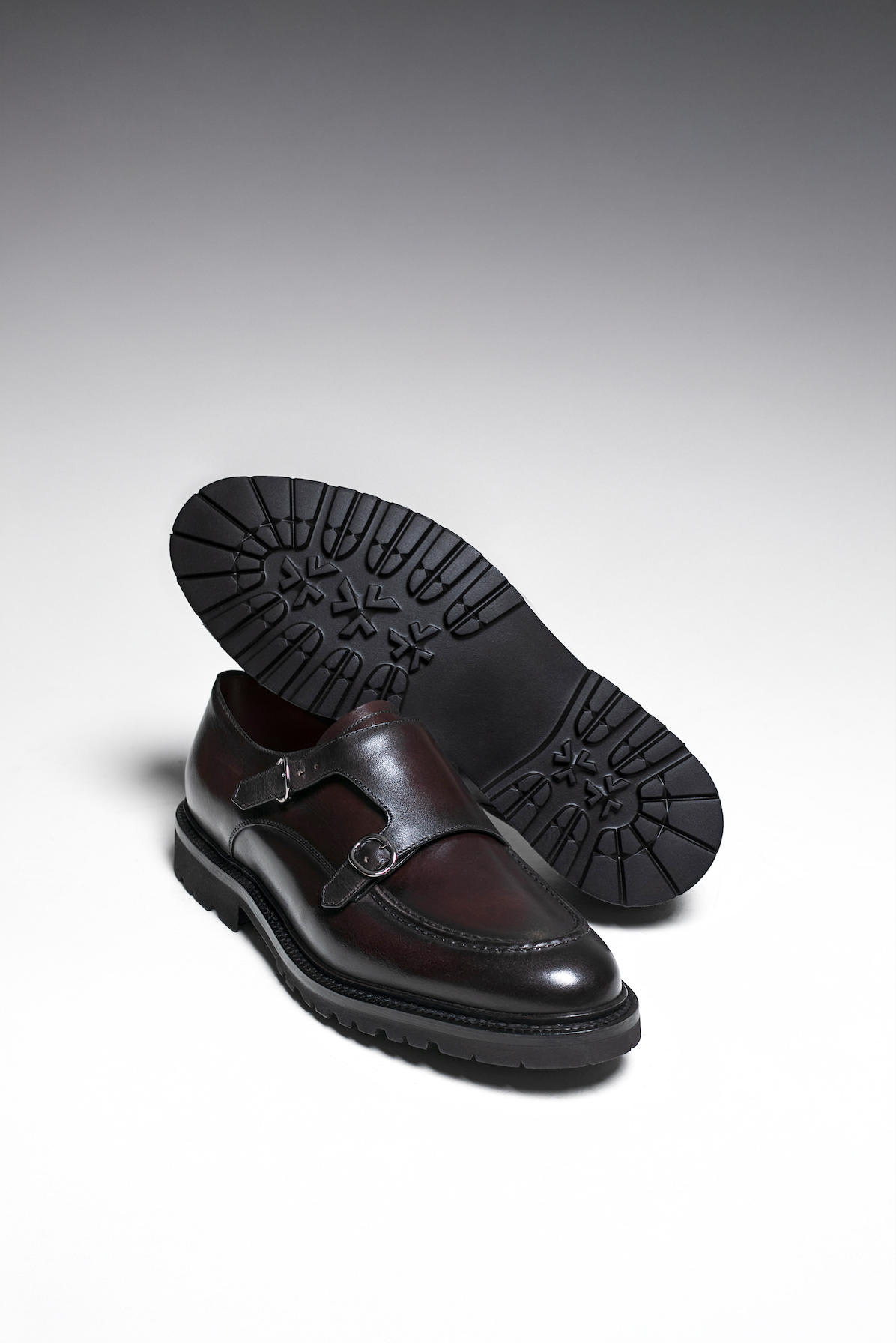 Pantofi Double Monk din piele de vițel bordo cu talpă de cauciuc, Florentinodelure.