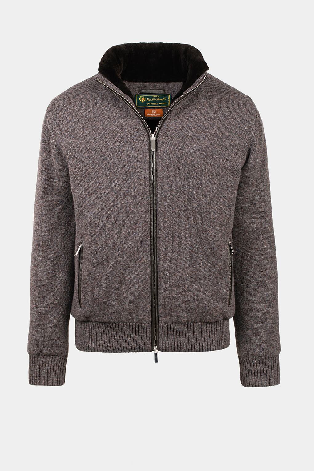 Bomber maro cashmere Florentinodelure cu blană de castor și fermoar frontal.