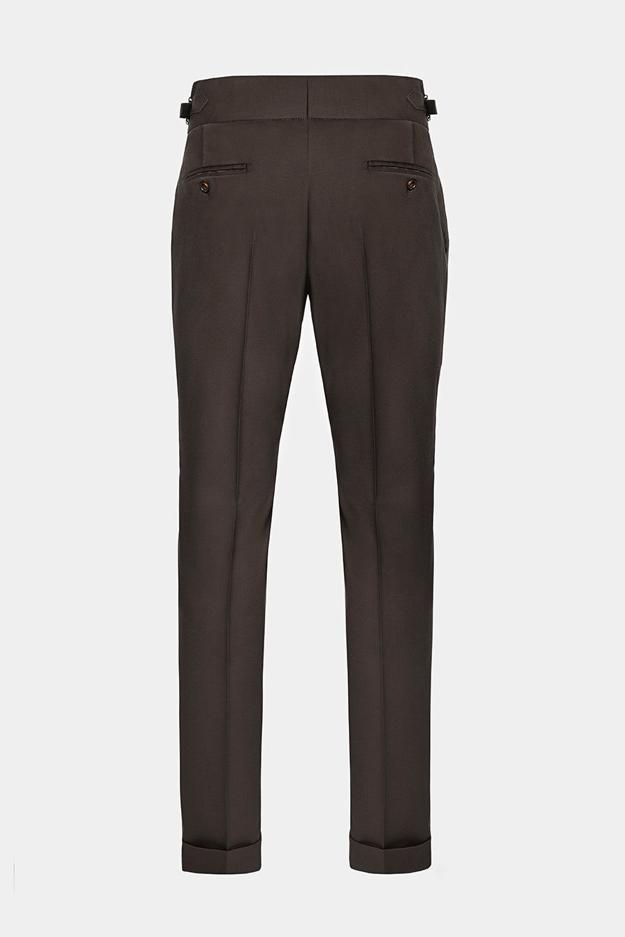 Pantaloni din lână maro Florentinodelure, detalii elegante și buzunare discrete.