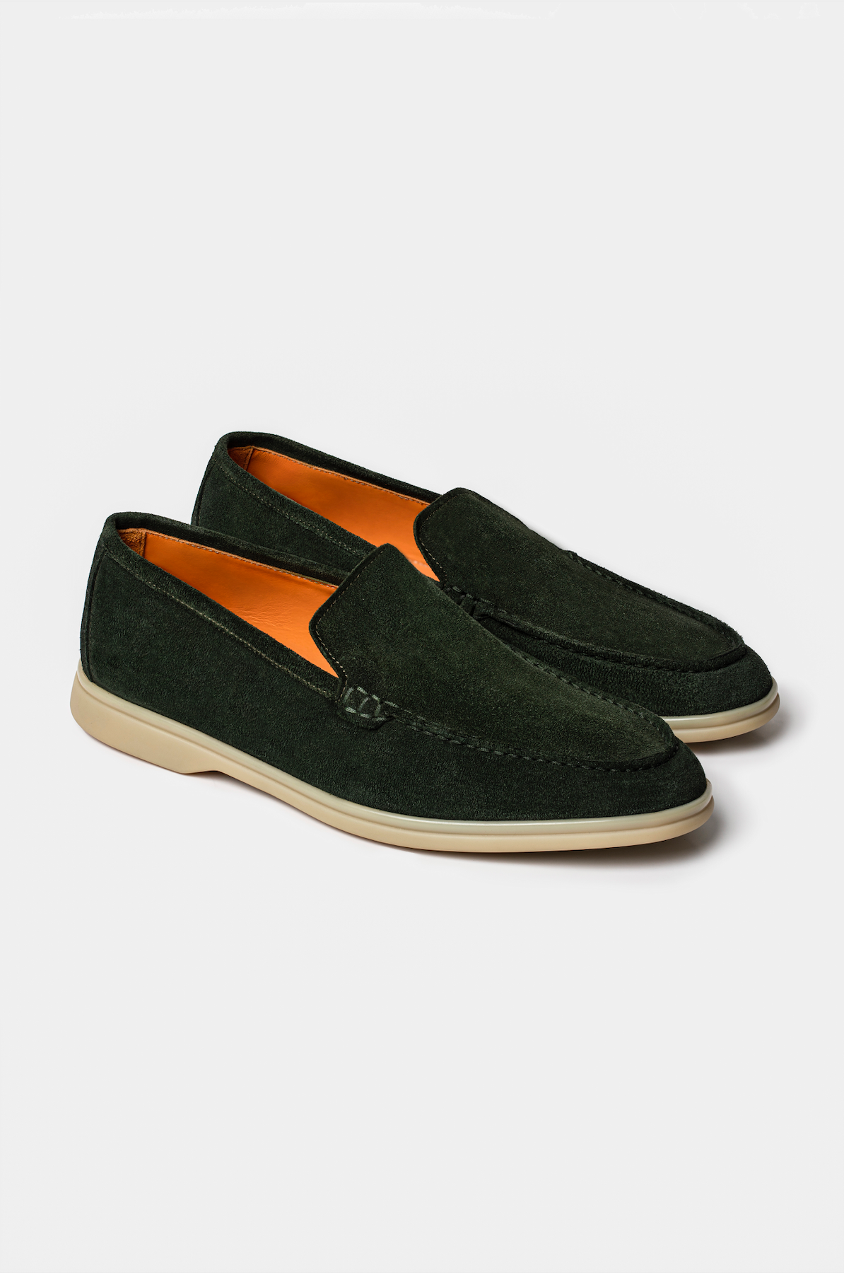 Loafers suede verde închis Florentinodelure, talpă bej, interior portocaliu.
