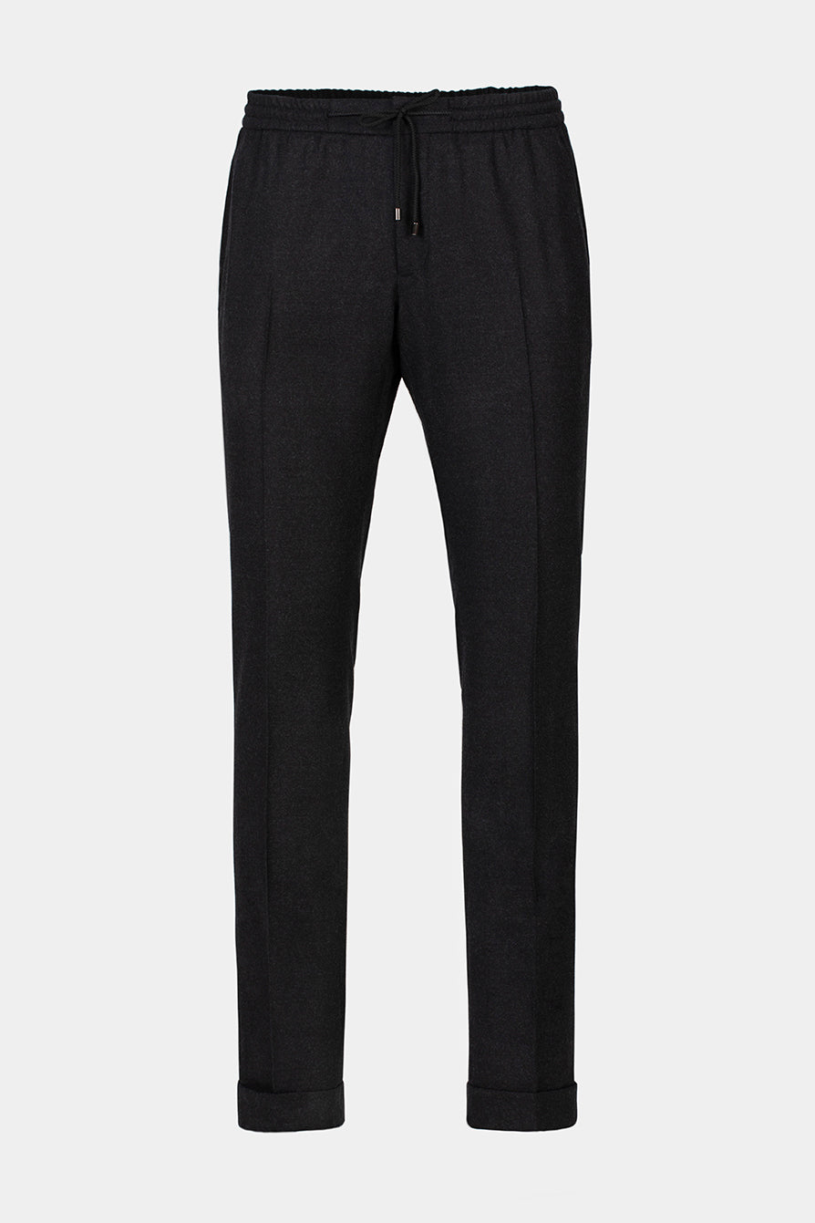 Pantaloni FLEXO Florentinodelure din lână, gri închis, cu textură fină și șnur elastic.