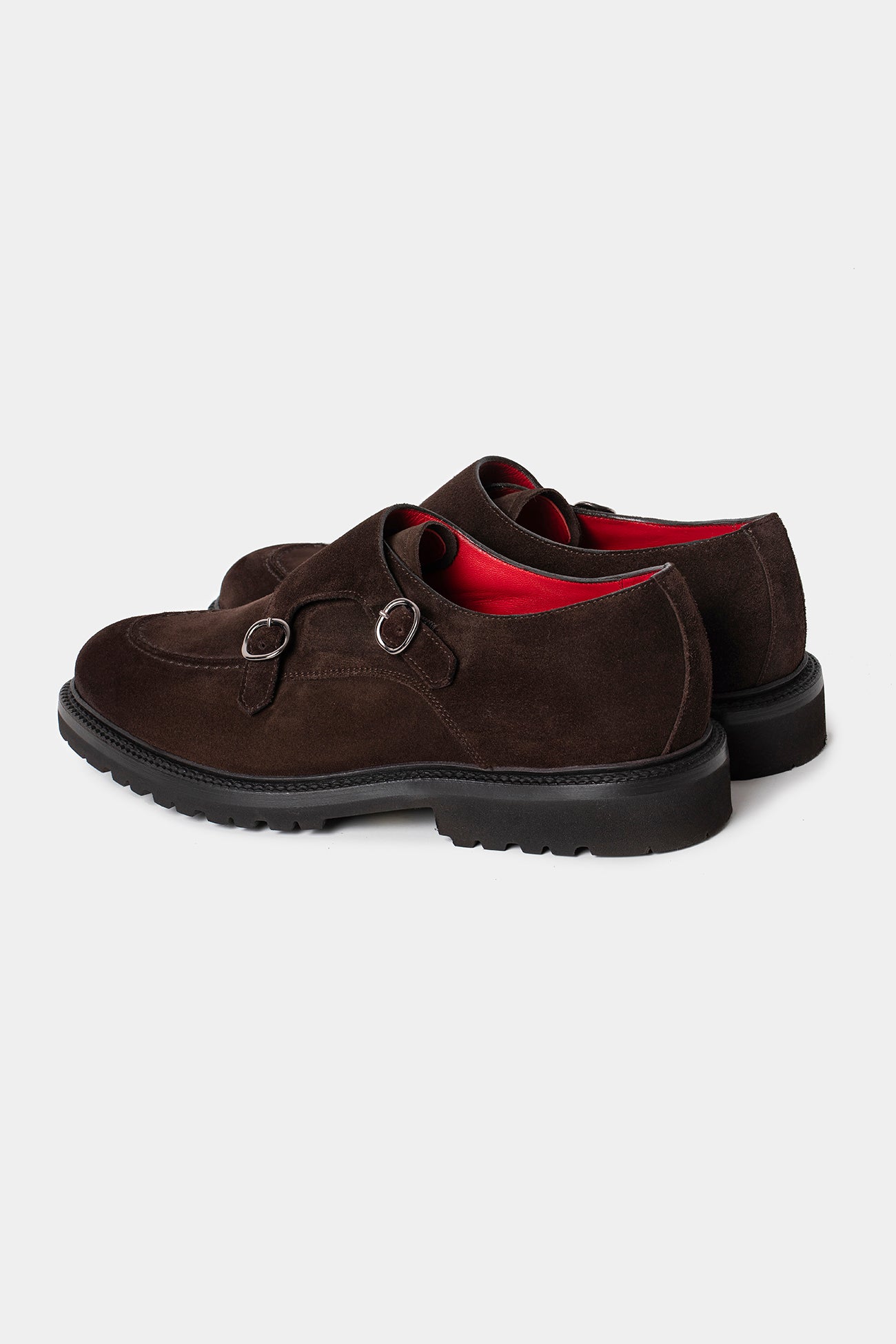 Pantofi Double Monk maro închis piele întoarsă Florentinodelure cu interior roșu.