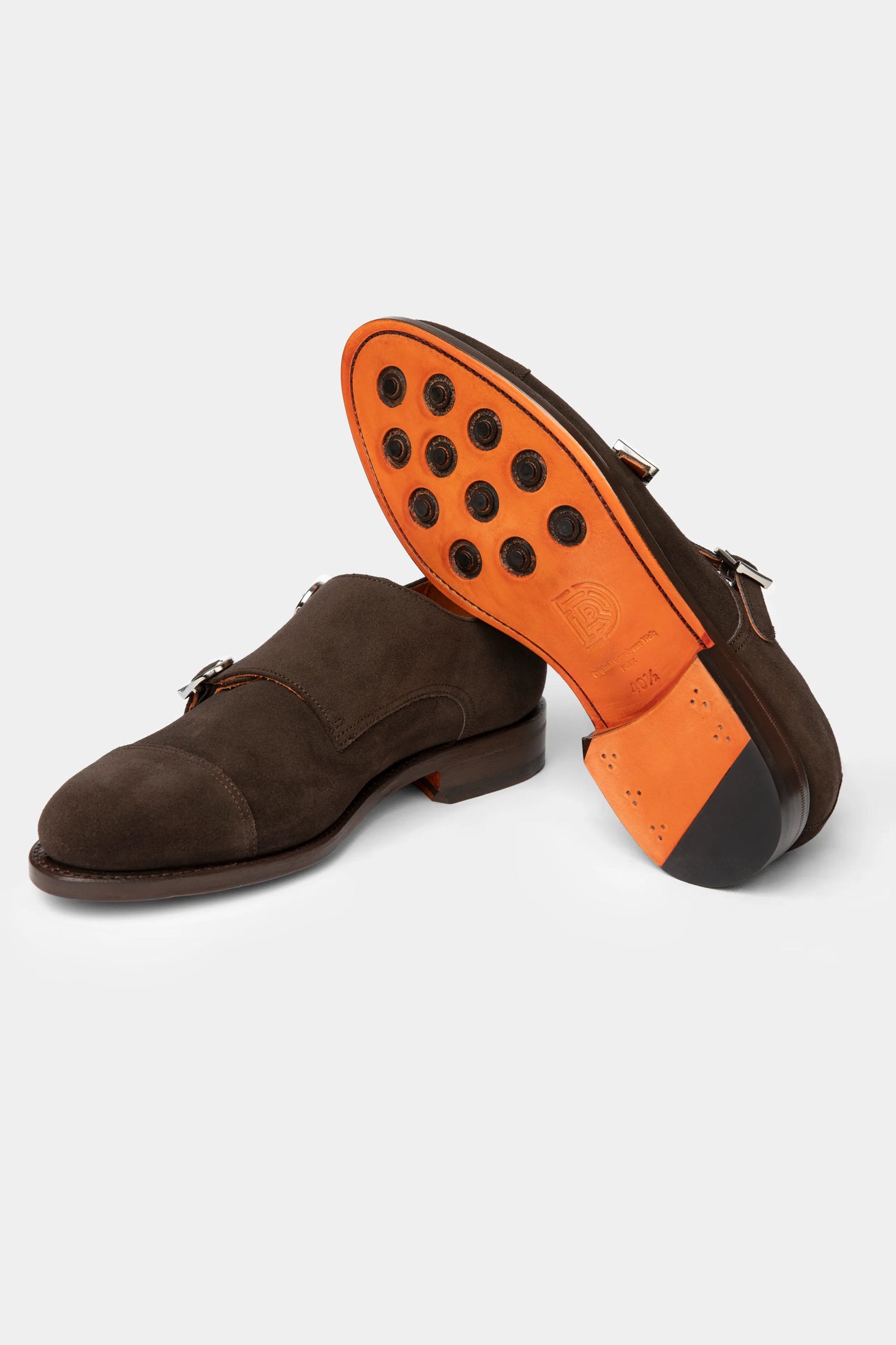 Pantofi Double Monk Maro din piele întoarsă Florentinodelure, talpă portocalie cu detalii negre.