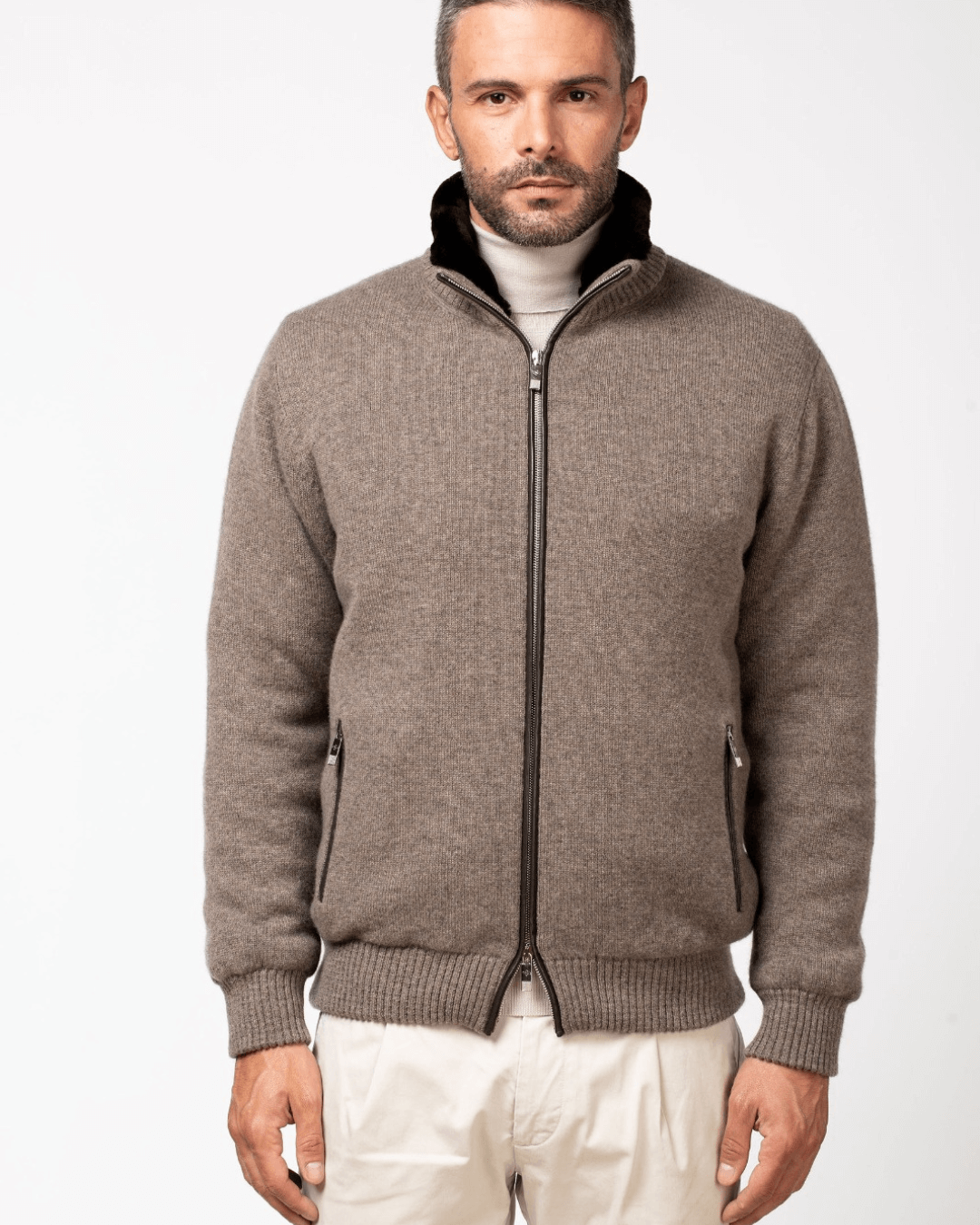 Brown Cashmere Bomber With Beaver Fur