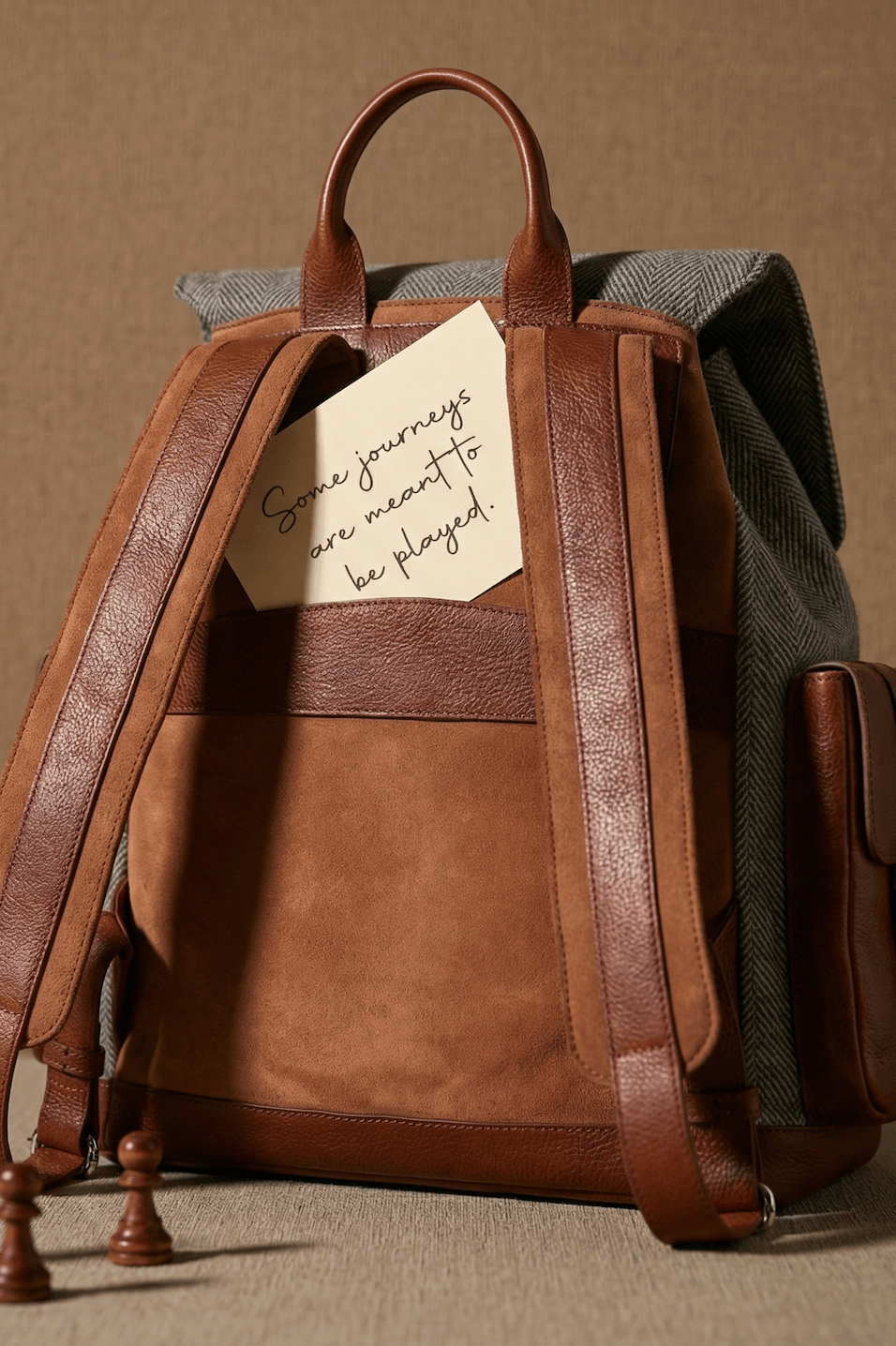 Brown Leather Backpack With Cashmere