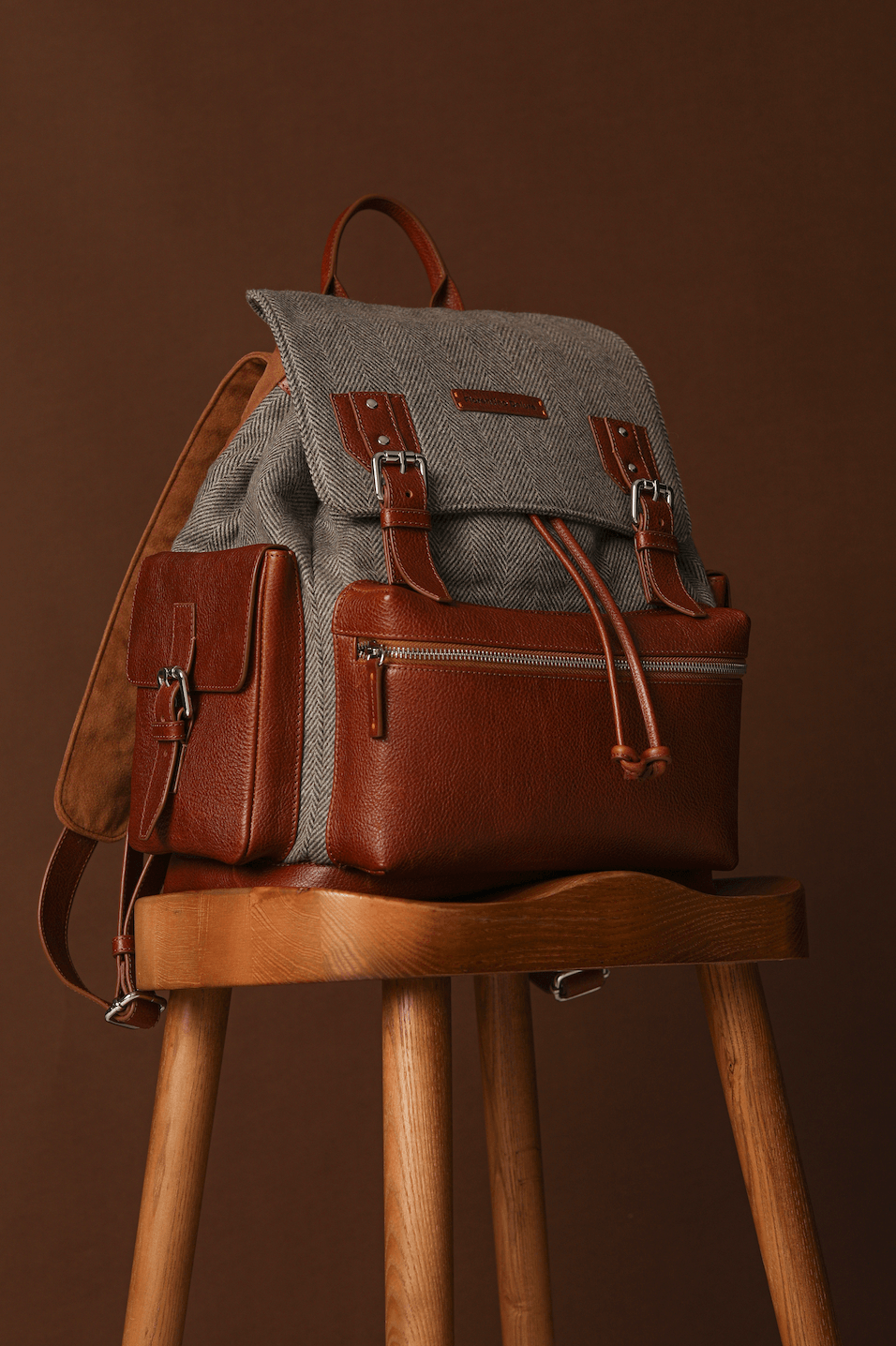 Brown Leather Backpack With Cashmere