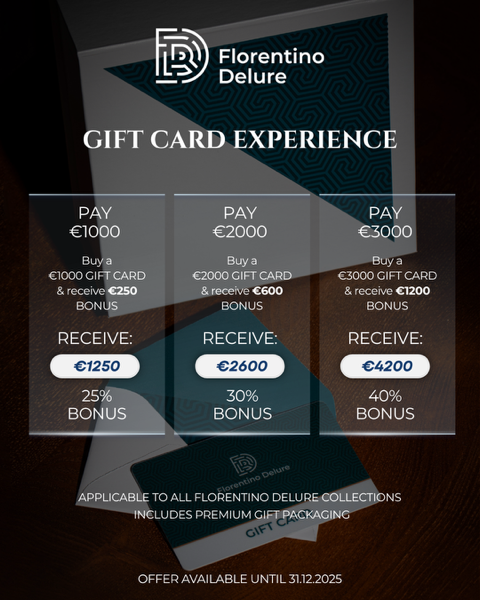 Card cadou Florentinodelure cu diverse valori și ambalaj premium, detalii bonus pe carton alb.