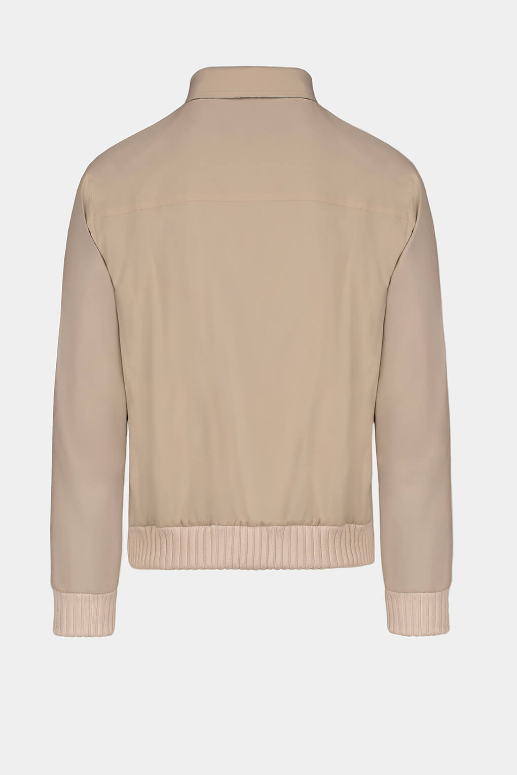 Geacă bomber bej reversibilă Florentinodelure, detaliu textură și manșetă din cashmere și material textil.