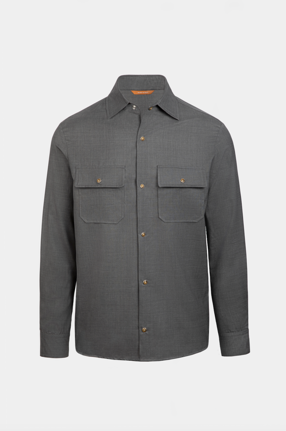 Overshirt gri Florentinodelure, lână și mătase, buzunare cu clapetă, nasturi metalici.