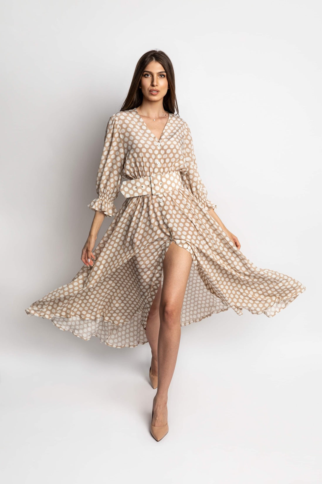 Beige Dotted Silk Dress