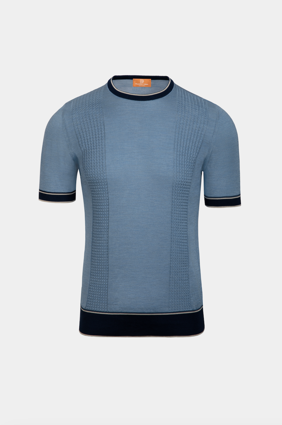 Tricou crewneck albastru deschis mătase Florentinodelure, cu detalii texturate.