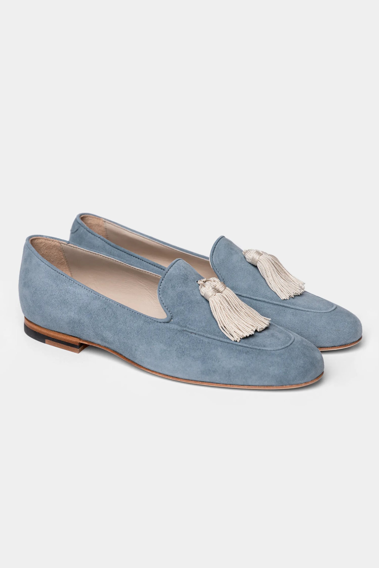 Loafers suede albastru deschis cu ciucuri crem Franjuri Florentinodelure.
