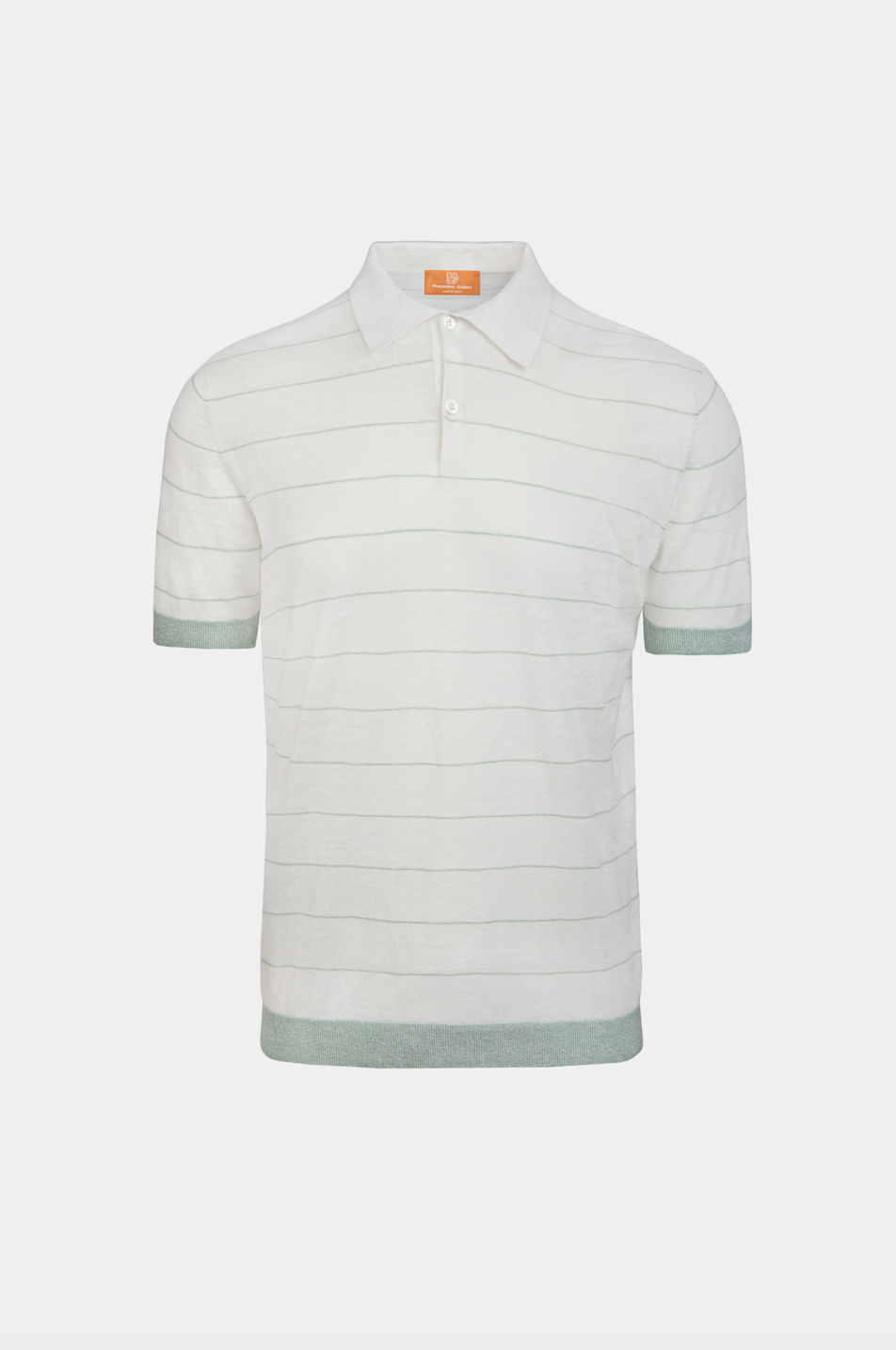 Tricou Polo Florentinodelure din bumbac alb cu dungi verzi deschise.