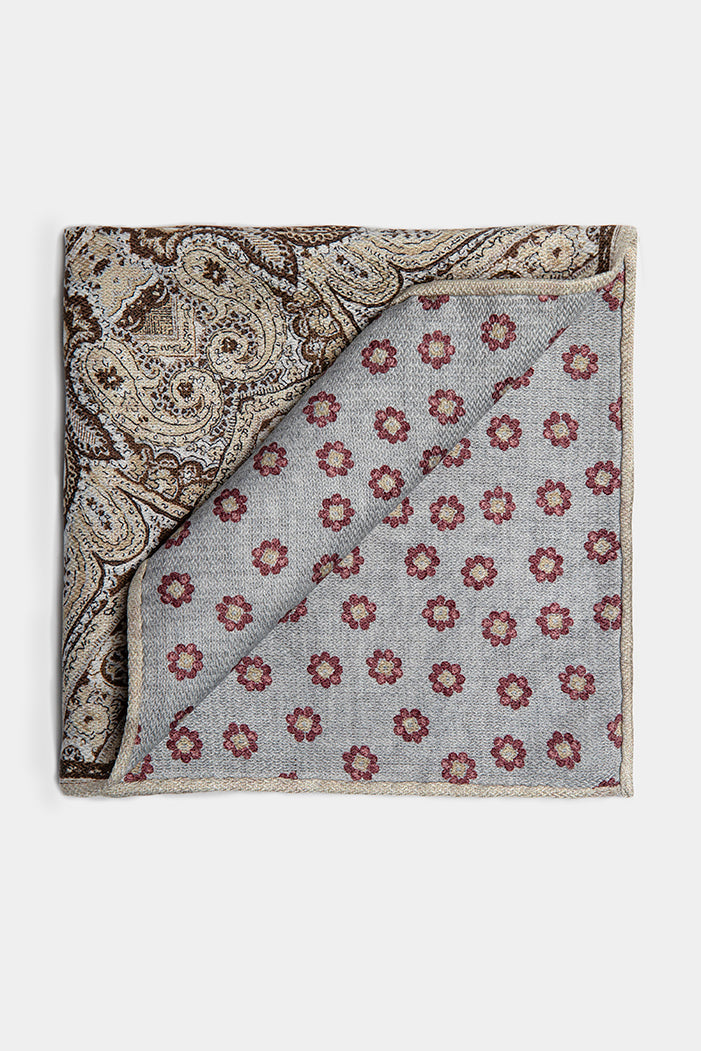 Batistă matase Florentinodelure, gri deschis cu model floral burgundy și paisley, margini rulate manual.