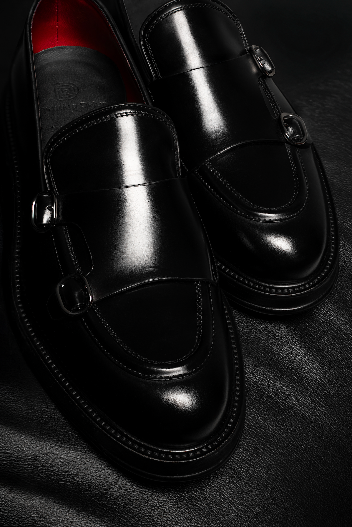 Black Calf Leather Double Monk Loafers