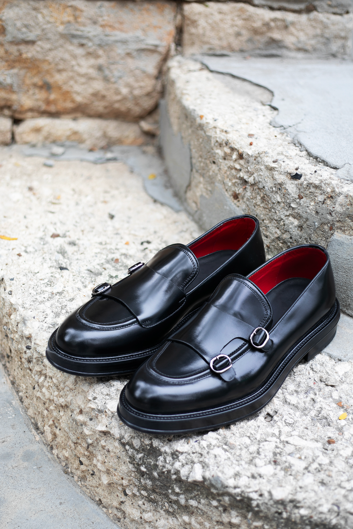 Black Calf Leather Double Monk Loafers