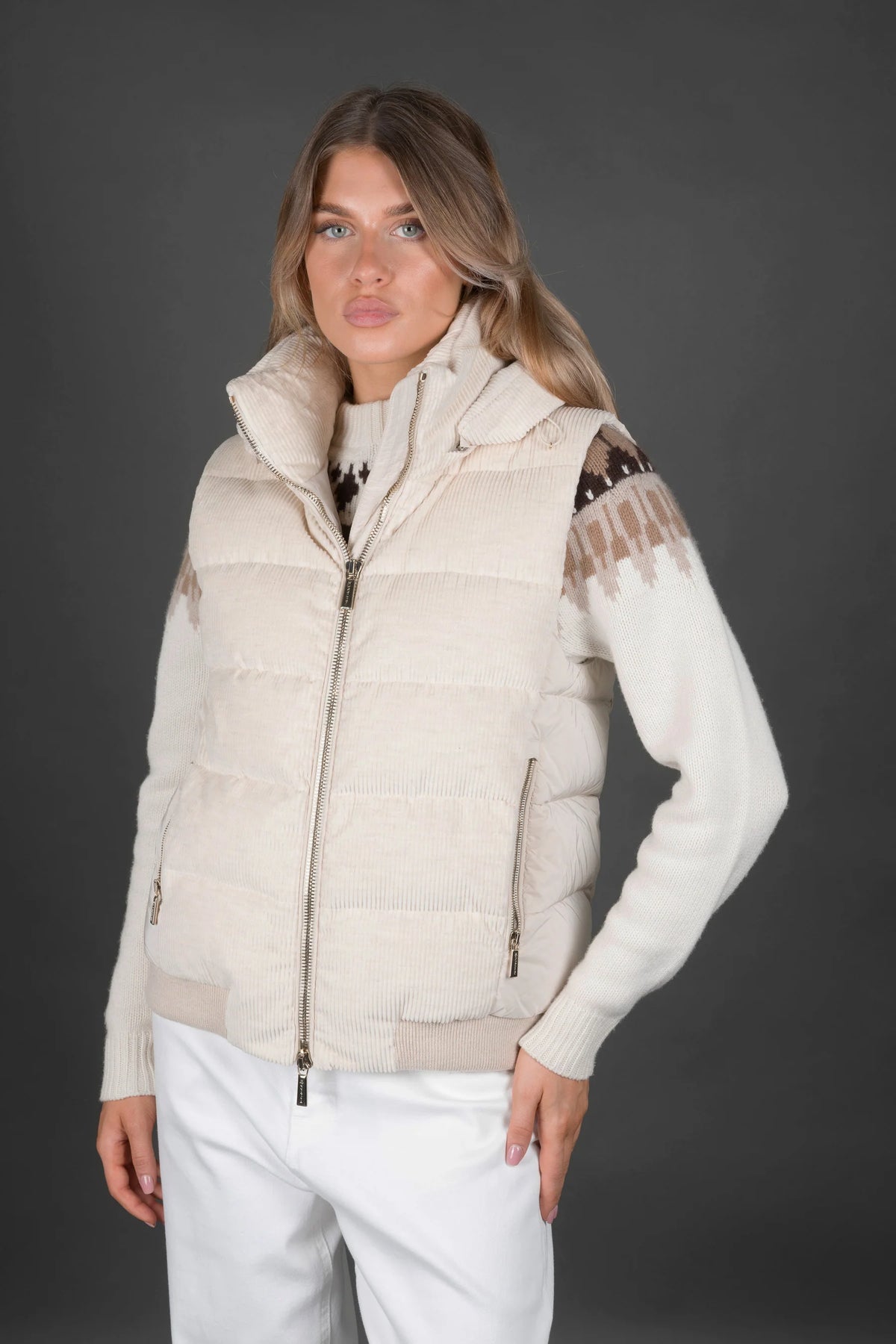Women's Light Grey Corduroy Cotton Hooded Waistcoat