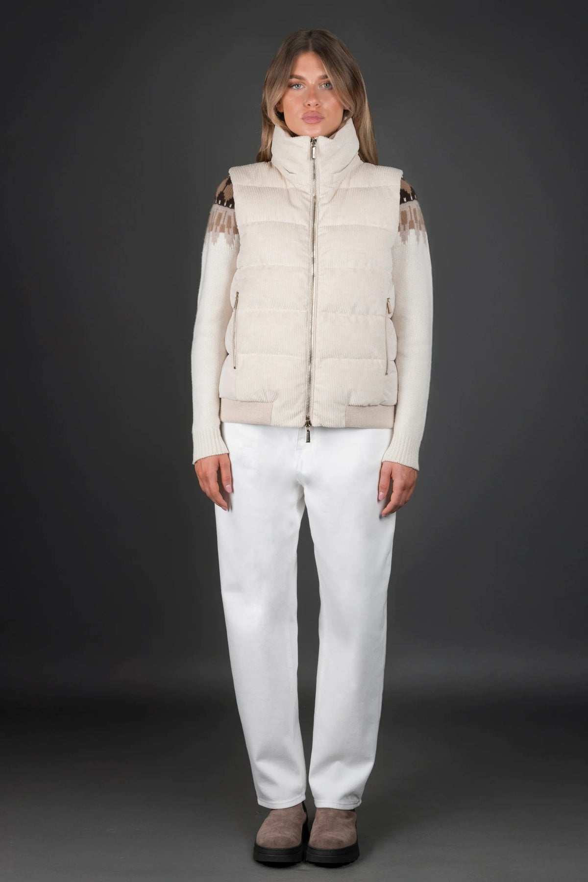Women's Light Grey Corduroy Cotton Hooded Waistcoat