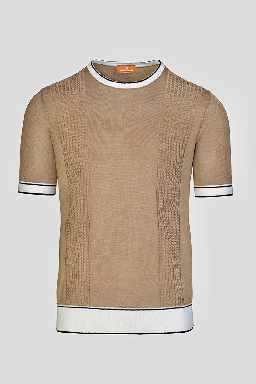 Tricou crewneck maro mătase Florentinodelure cu margini albe contrastante.