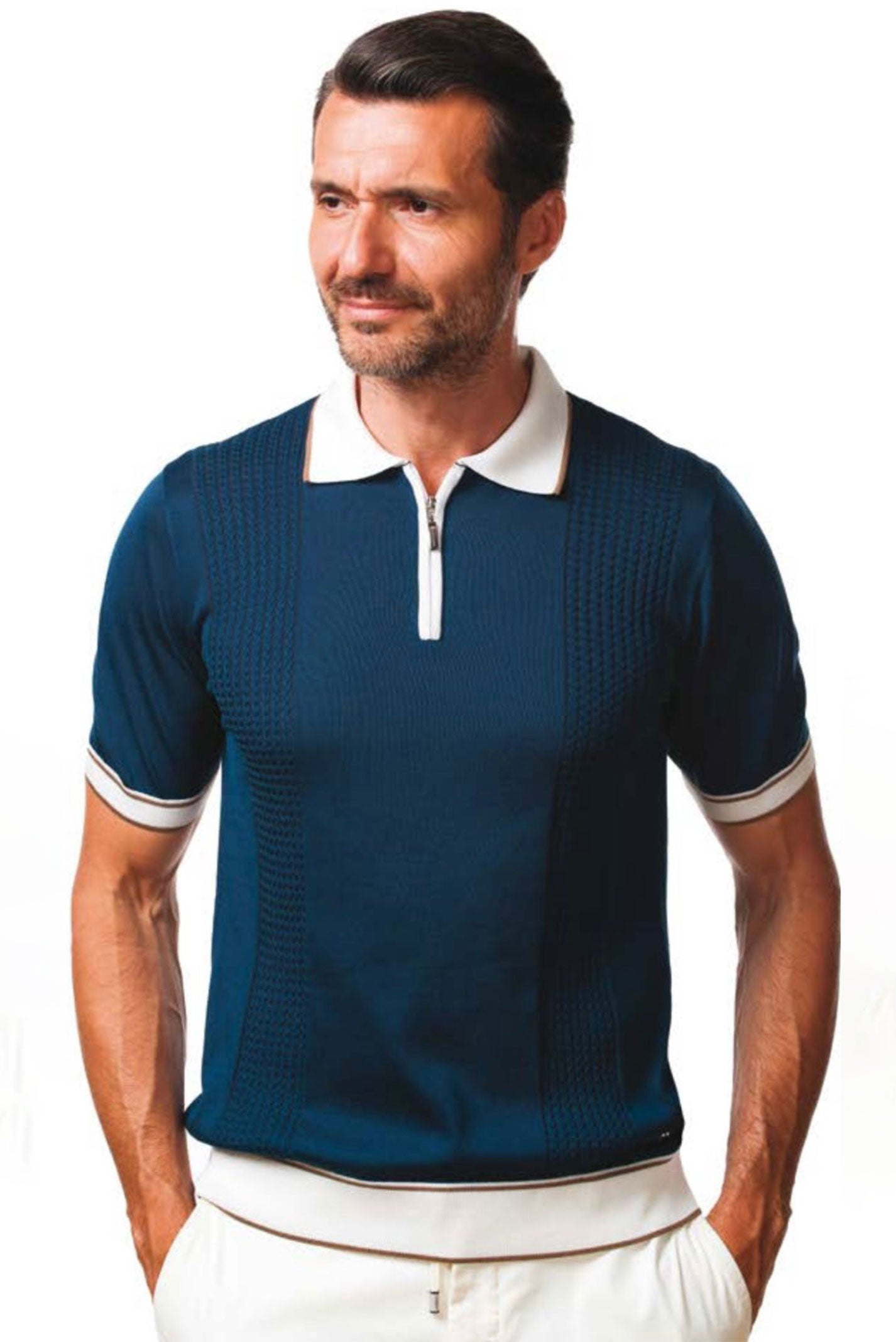 Polo navy din mătase Florentinodelure, manșetă albă, detalii texturate.