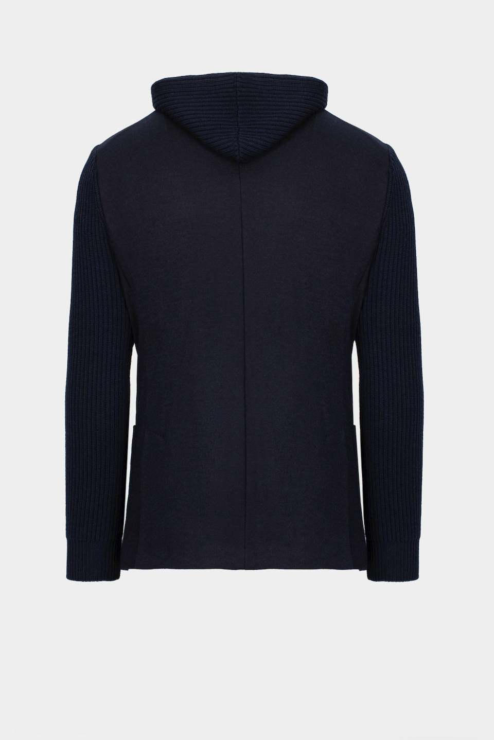 Sacou navy Florentinodelure FLEXO cu glugă și mâneci tricotate, vedere laterală.