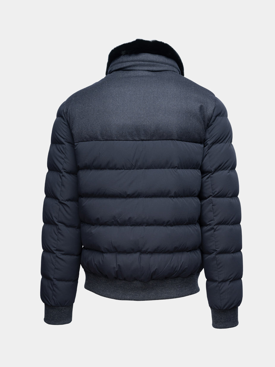 Geacă bomber bleumarin Florentinodelure din lână și material textil, cu blană la guler.