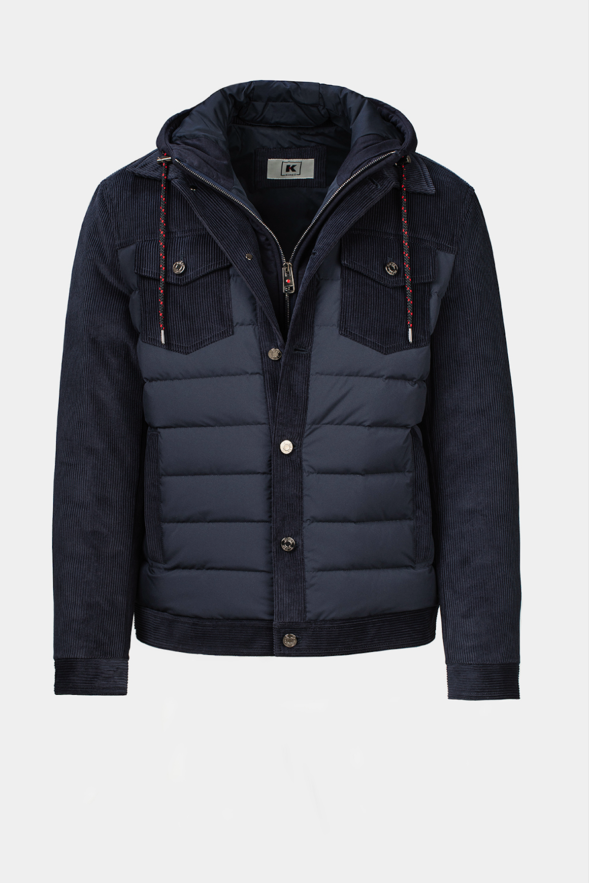 Geacă Bomber Navy Florentinodelure din denim și suede, cu față matlasată.