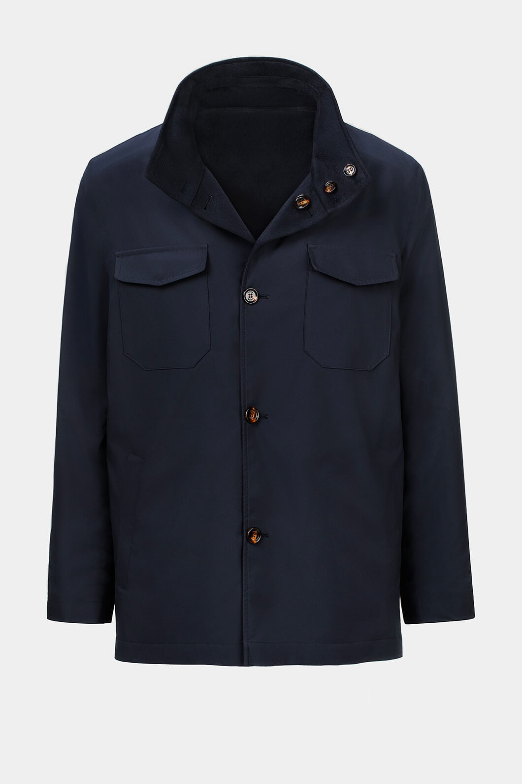 Pardesiu navy reversibil Florentinodelure, vedere laterală, guler înalt, buzunare cu clapă.