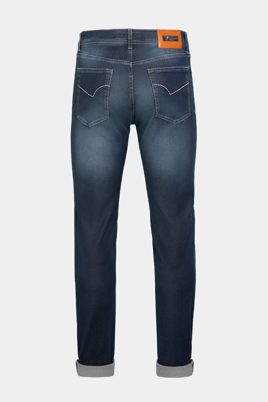 Pantaloni navy Florentinodelure 5-Pocket din denim, buzunare spate și manșete întoarse.