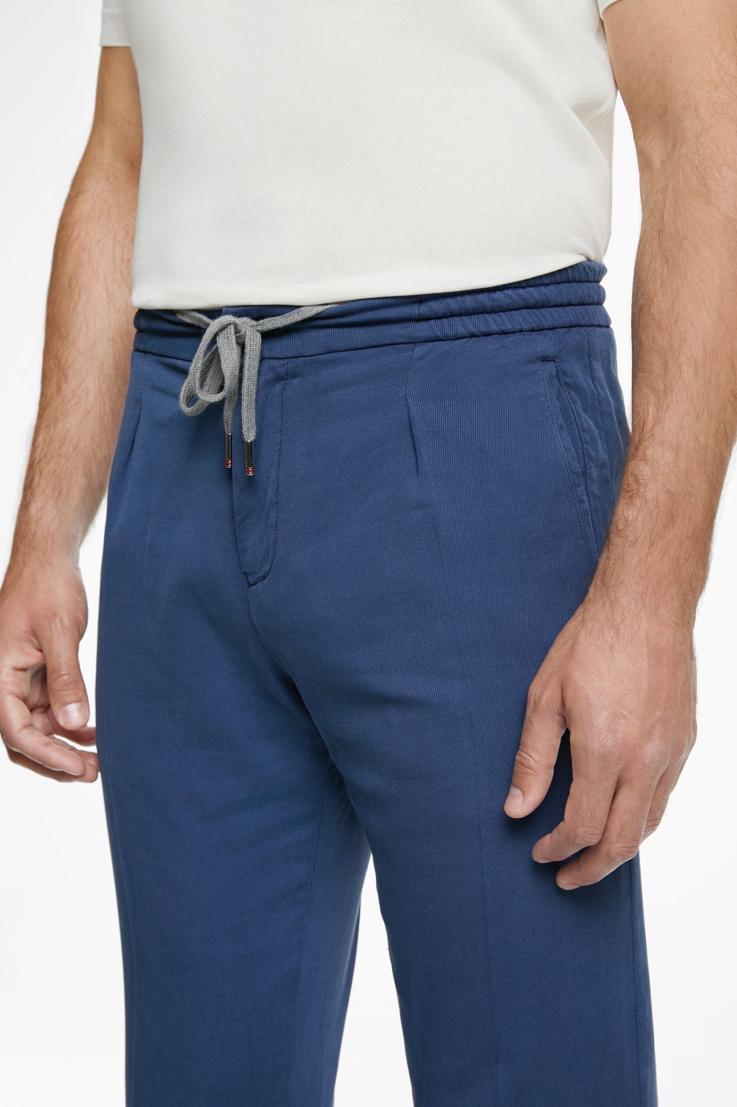 Pantaloni Navy FLEXO Florentinodelure din bumbac și mătase cu talie elastică și șnur gri.