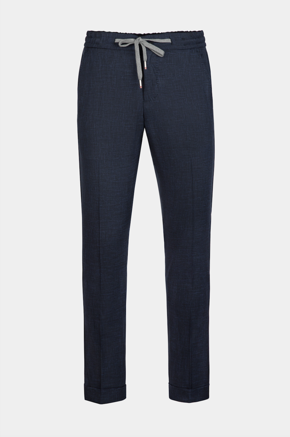 Pantaloni navy houndstooth din lână Florentinodelure cu talie medie și șnur gri.