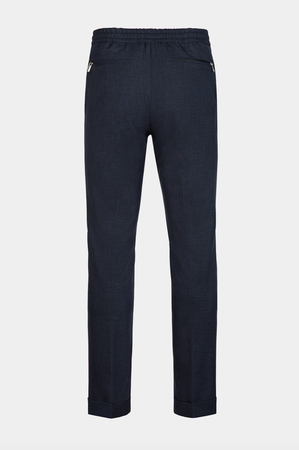 Pantaloni albastri Florentinodelure houndstooth, vedere spate, buzunare cu fermoar.