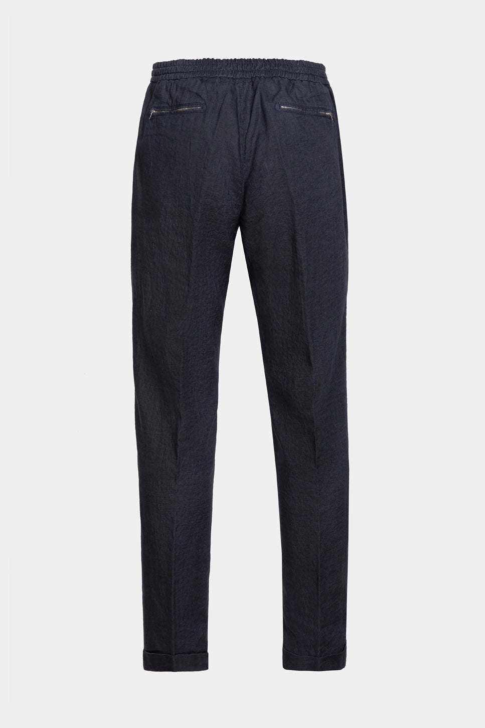 Pantaloni navy din in Florentinodelure, vedere din spate, buzunare cu fermoar.